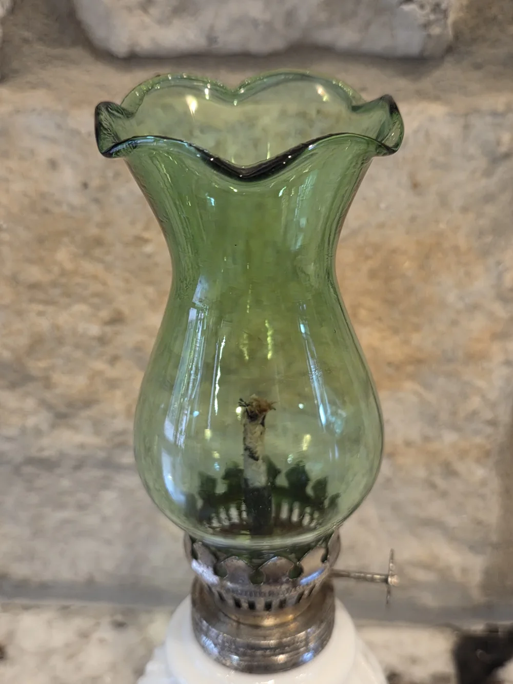 Vintage White Hobnail Milk Glass Mini Oil Lamp w/Fluted Green Glass Chimney